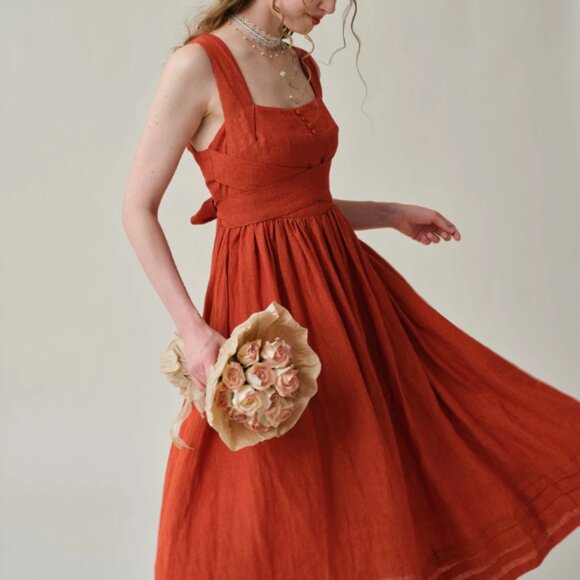 NWT Red (Discontinued) Cross back linen dress "Vetiver 23" by Linennaive - Small - Picture 1 of 3